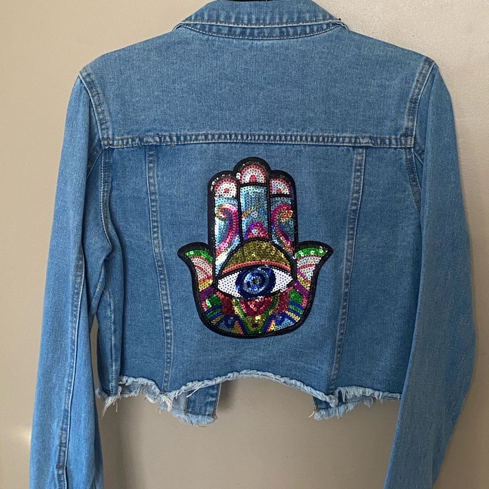 Embroidered Denim Jacket with Colorful Hamsa Design